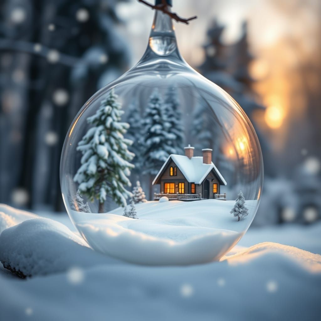 Winter Landscape in Glass Snowdrop: Realistic Photography