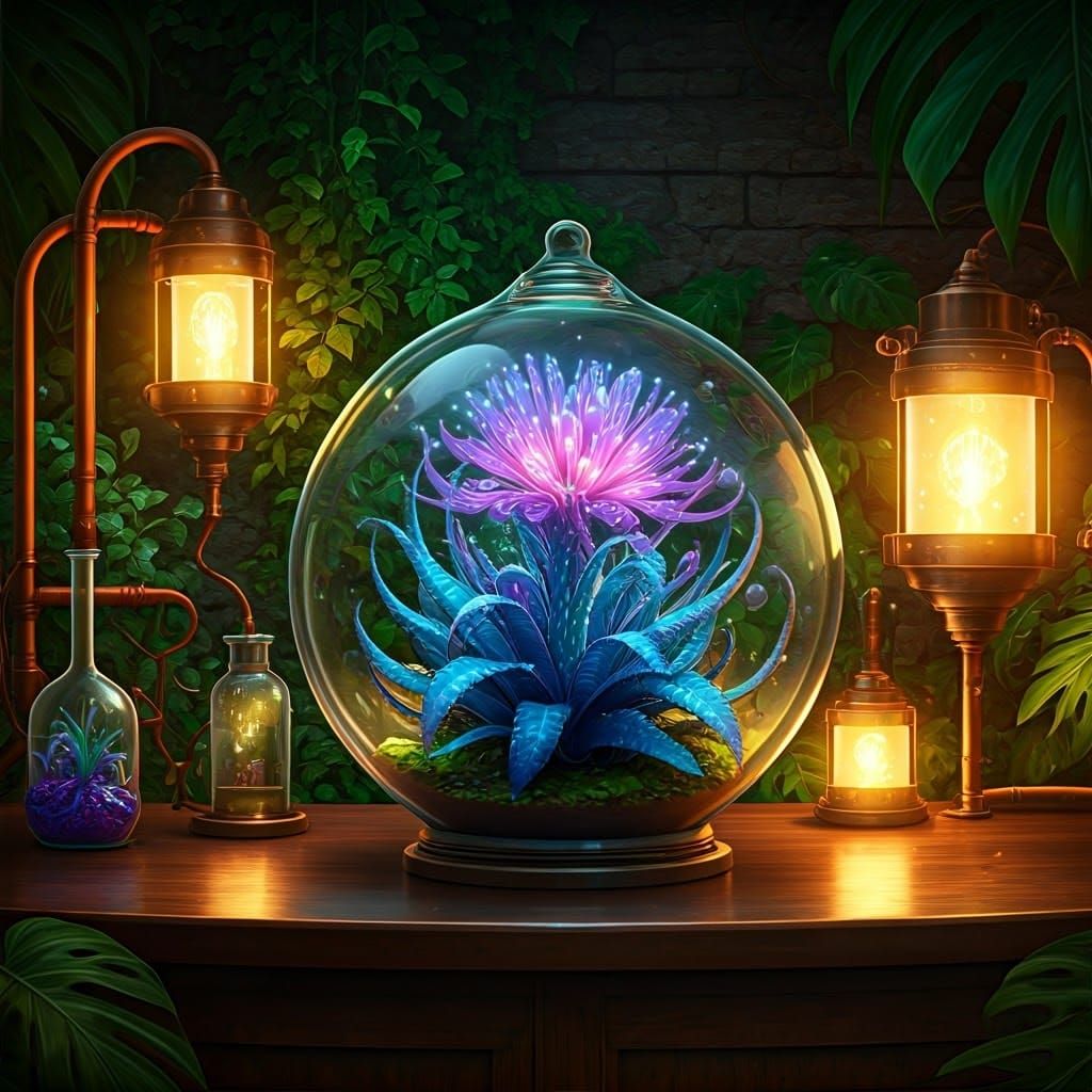 Ethereal Solarpunk Plant in Glass Terrarium