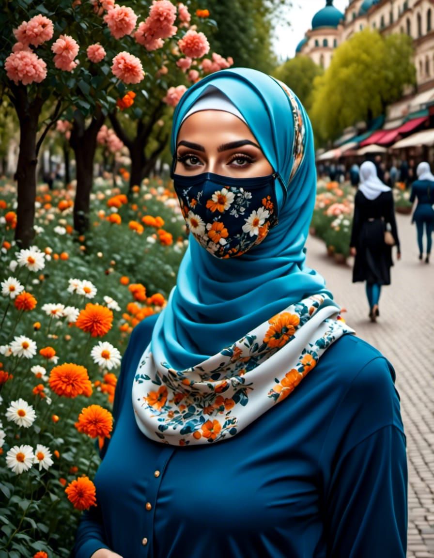 Masked Woman in Spring City as Oil Painting