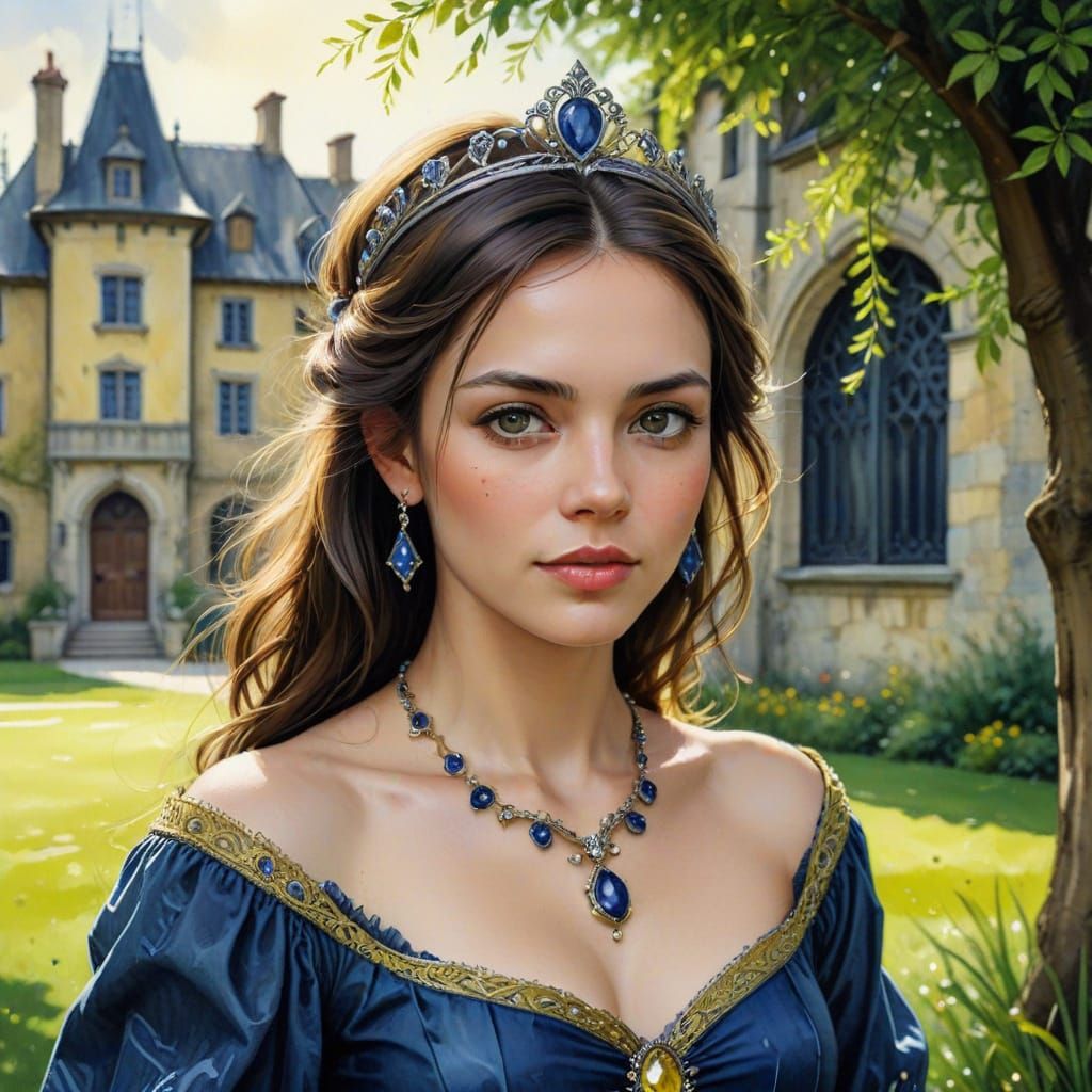 Woman with Sapphire Necklace in Watercolor Style