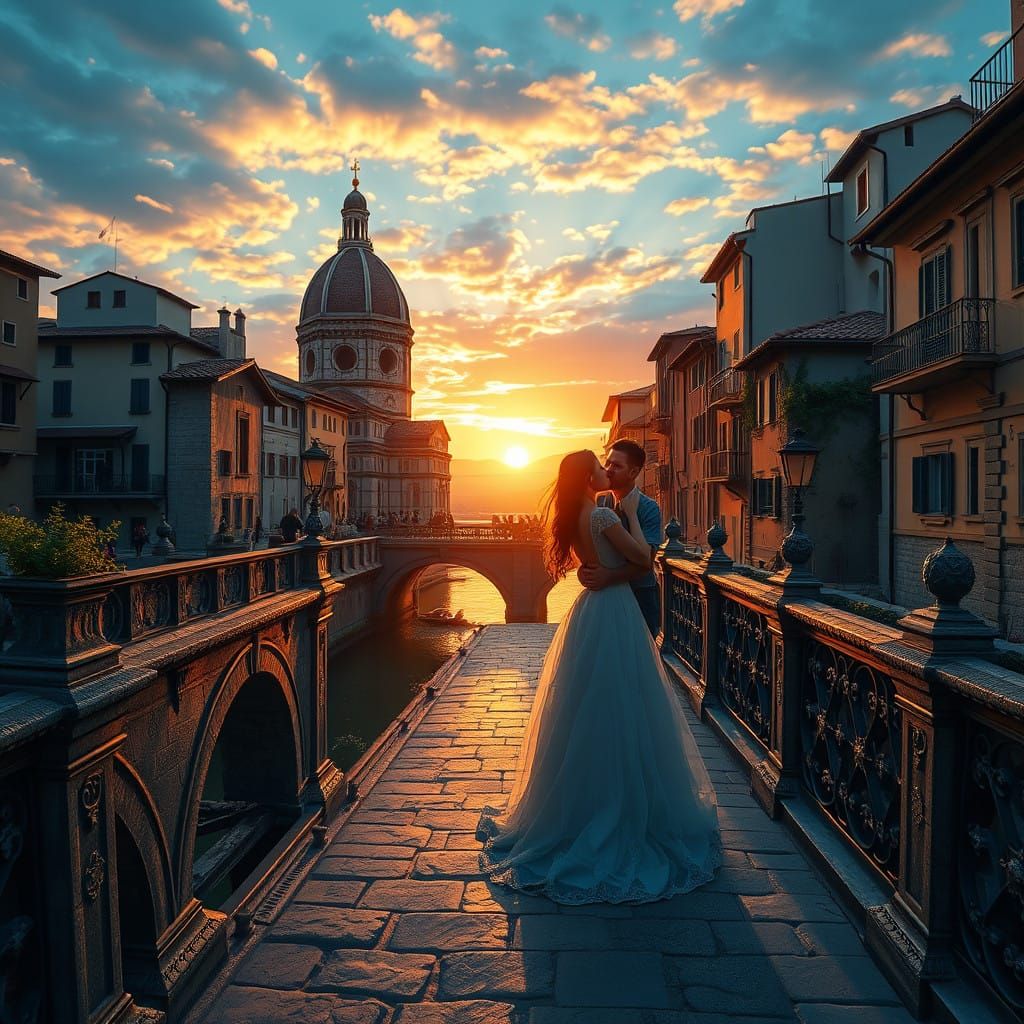 Romantic Couple Embracing on Ponte Vecchio Bridge in Vibrant...