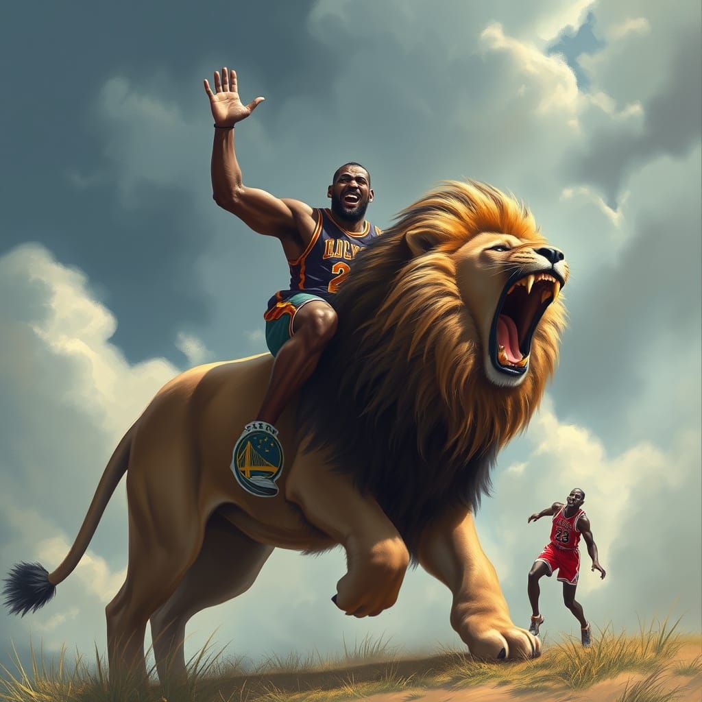 Lebron James Rides Lion in Dreamlike Digital Artwork