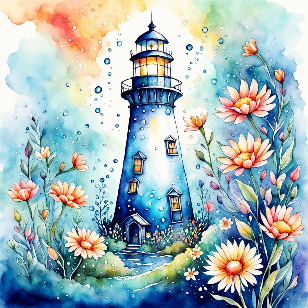Dreamy Cosmic Lighthouse World Reflected in a Delicate Water...