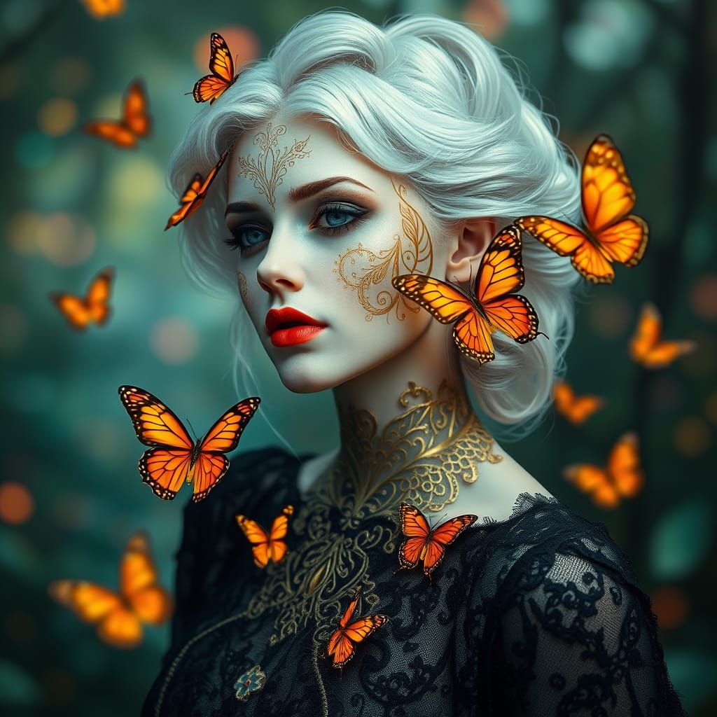 Ethereal Figure with Gold Filigree and Bokeh Background