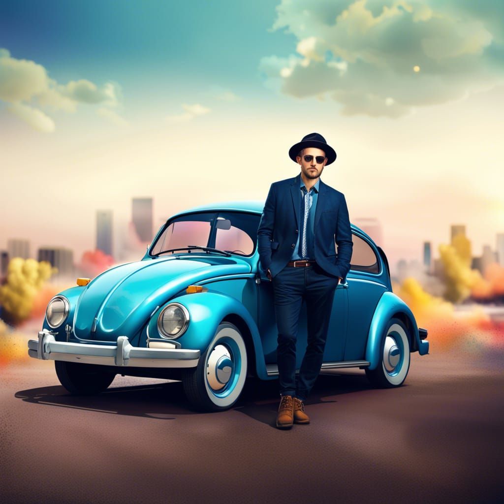 Hipster in Fedora Leaning on VW Beetle