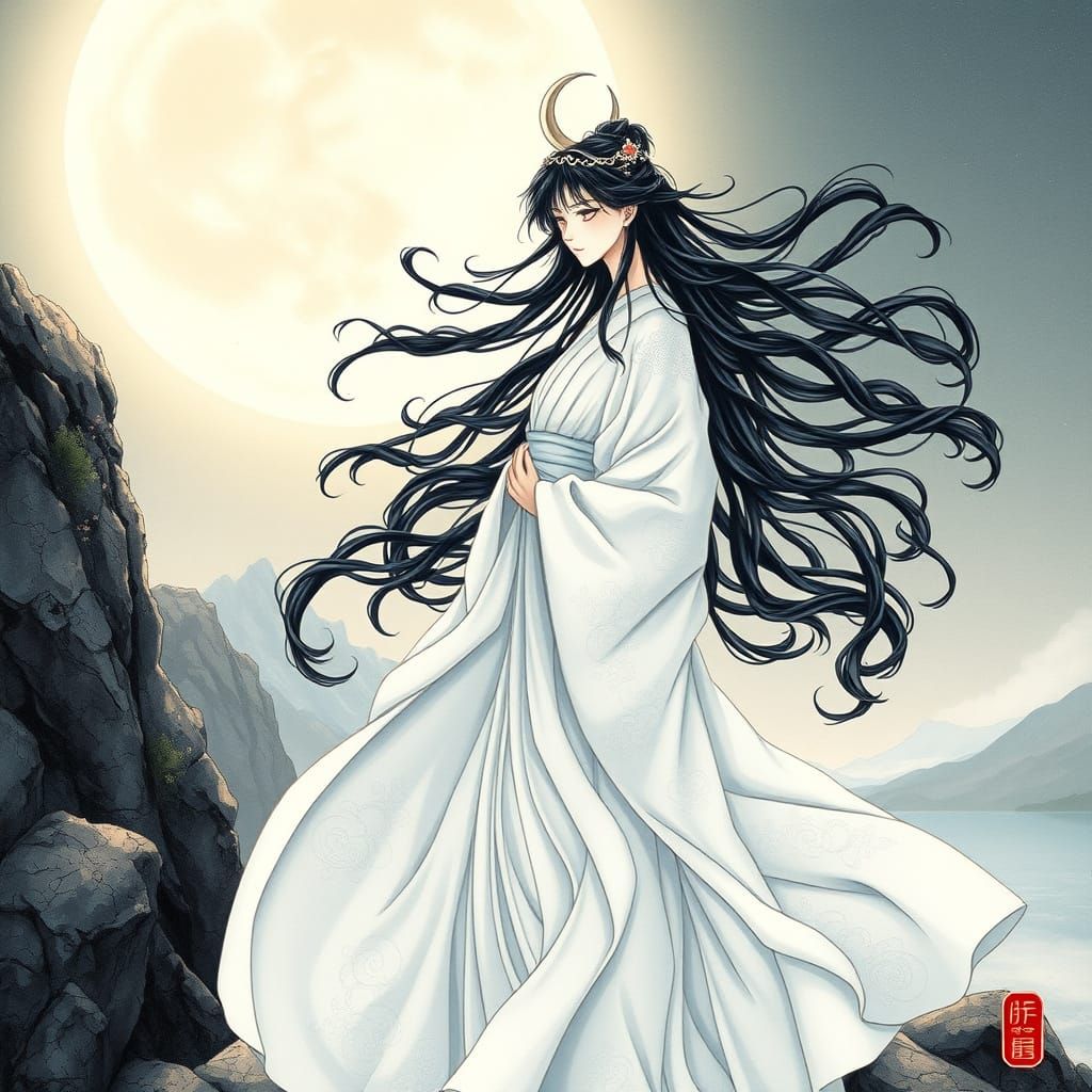 Serene Moon Goddess in Ethereal Landscape
