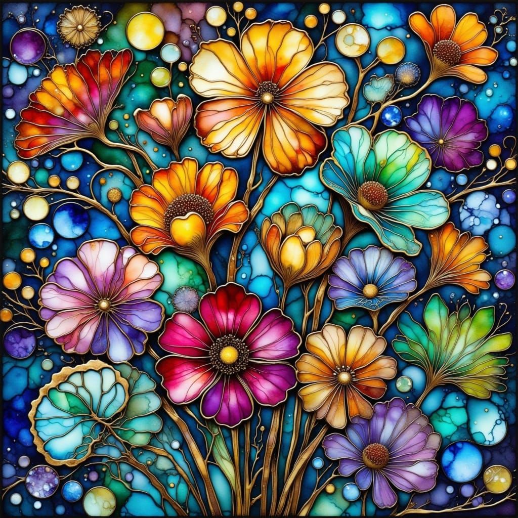 Vibrant Whimsical Floral Bouquet in Stained Glass Style