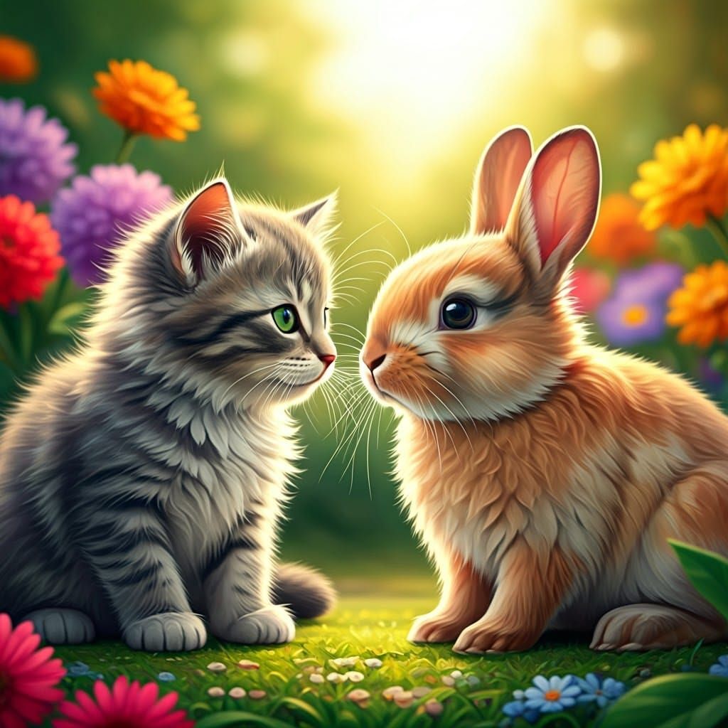 Kitten and Bunny in Whimsical Watercolor Garden