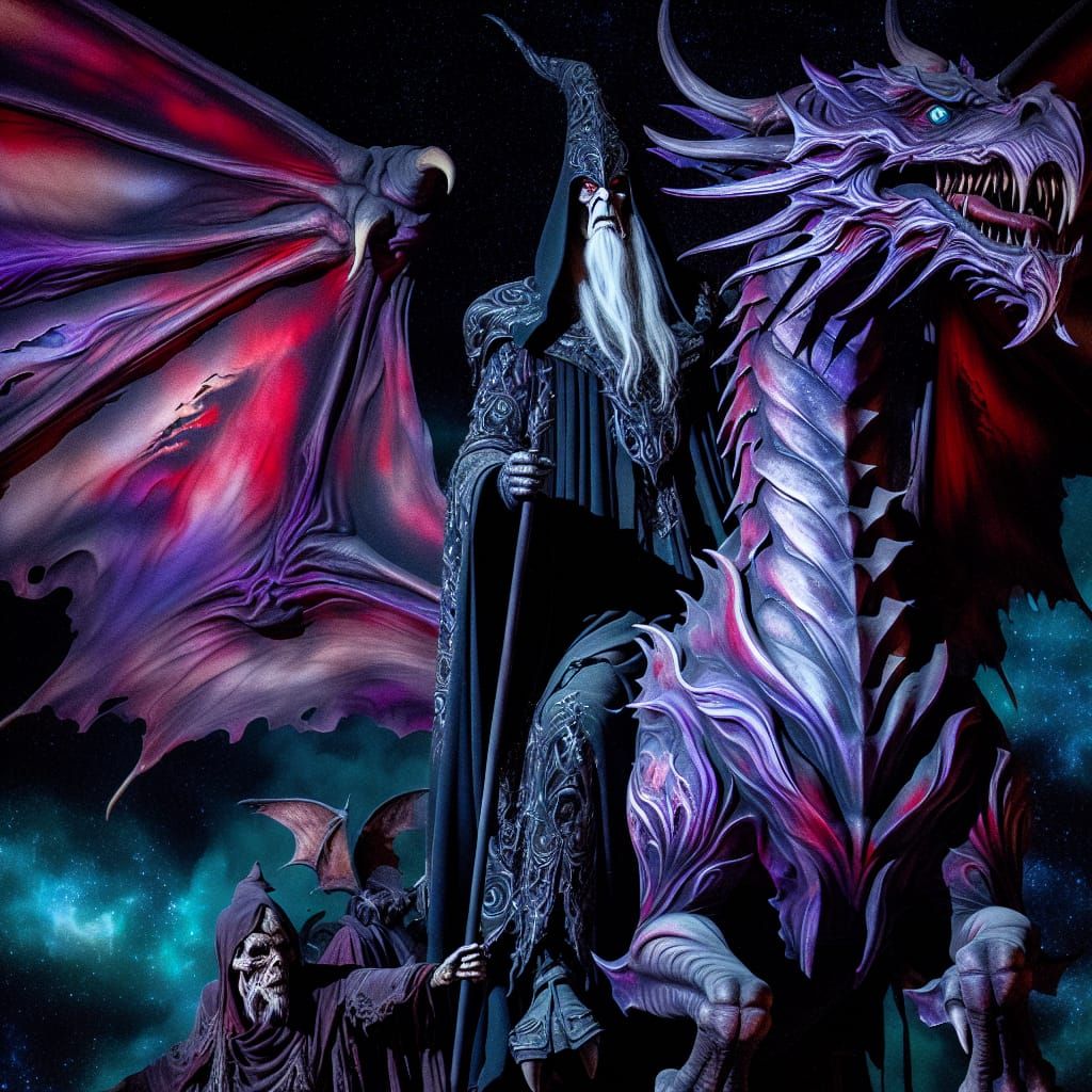 Death Wizard Riding Dragon Under Starry Sky