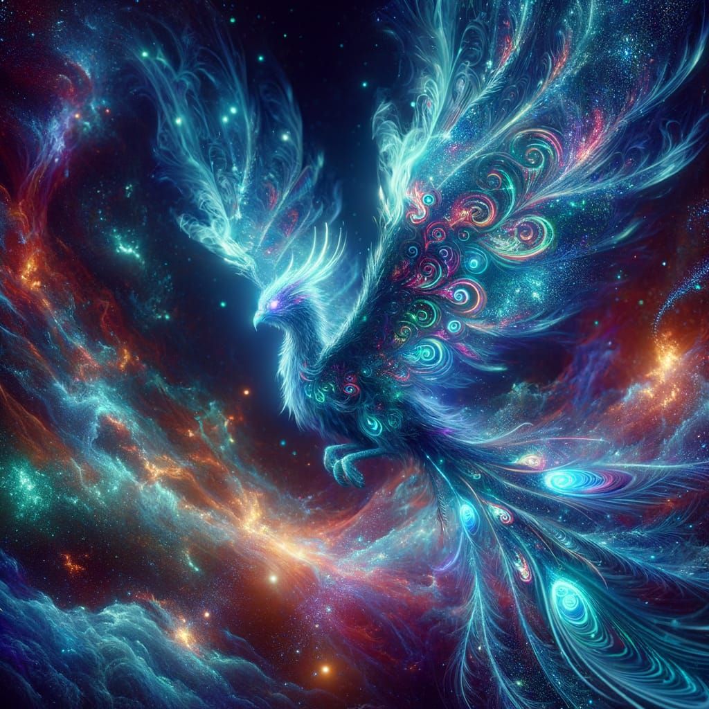 Surreal Bioluminescent Phoenix Soars Through Cosmic Nebula i...