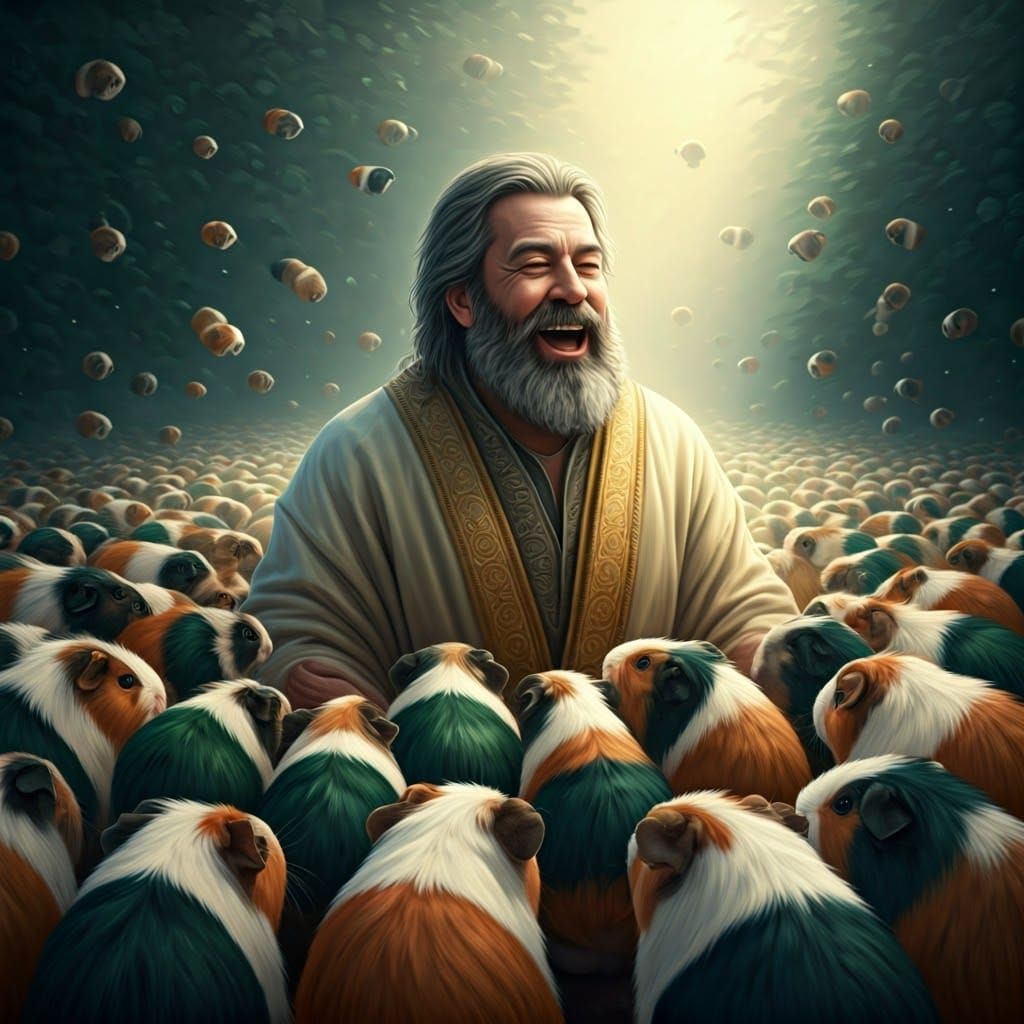 Man in White Surrounded by Whimsical Tricolor Guinea Pigs