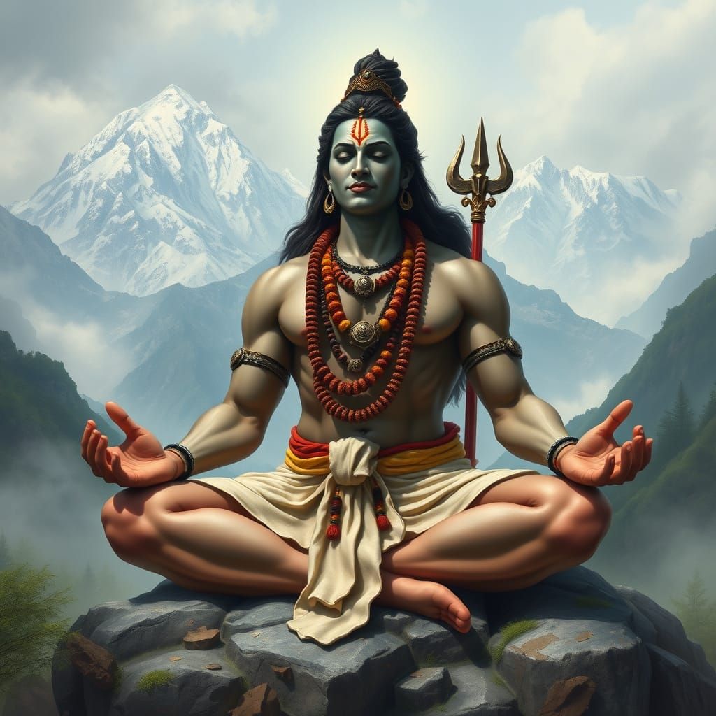 Lord Shiva in Traditional Indian Attire, Meditating Amidst H...
