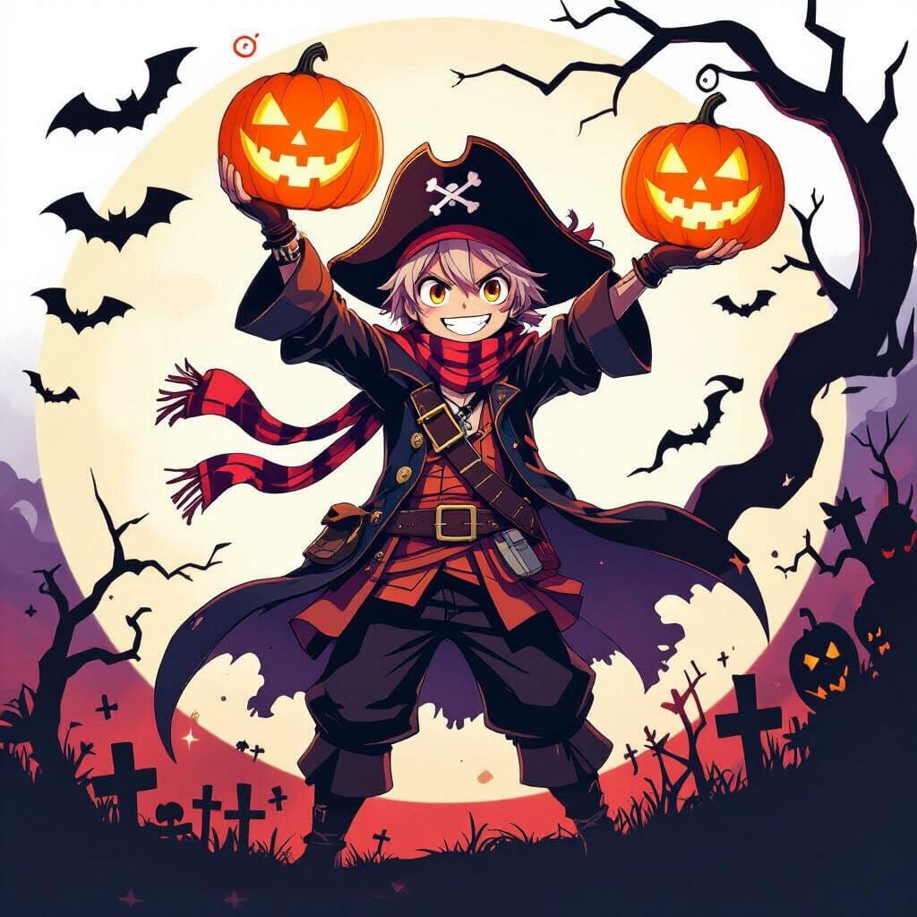 Anime Pirate Character Holding Glowing Pumpkin Lantern