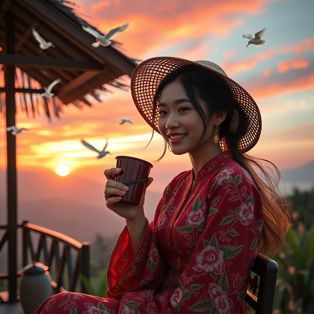 Village Girl at Sunset in Fantasy Art Style