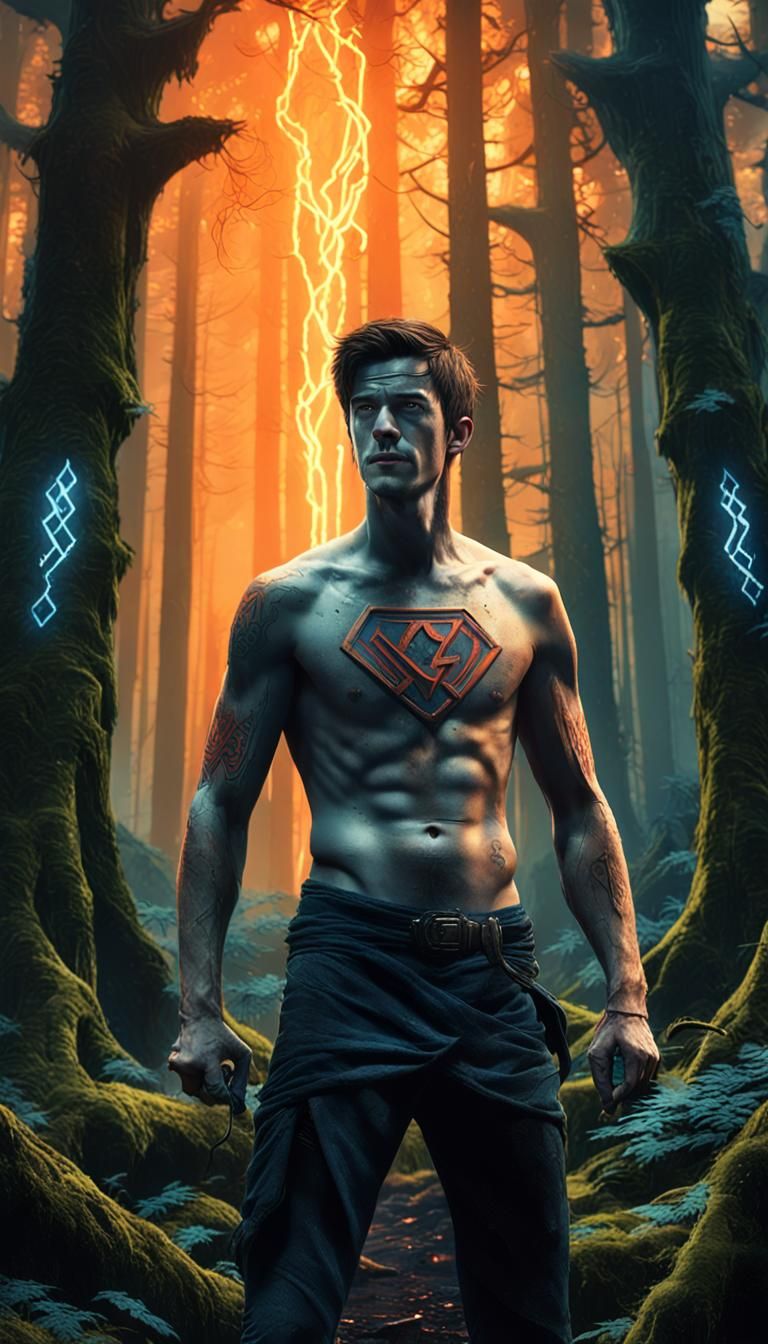 Heroic Figure Shirtless in Mystical Forest