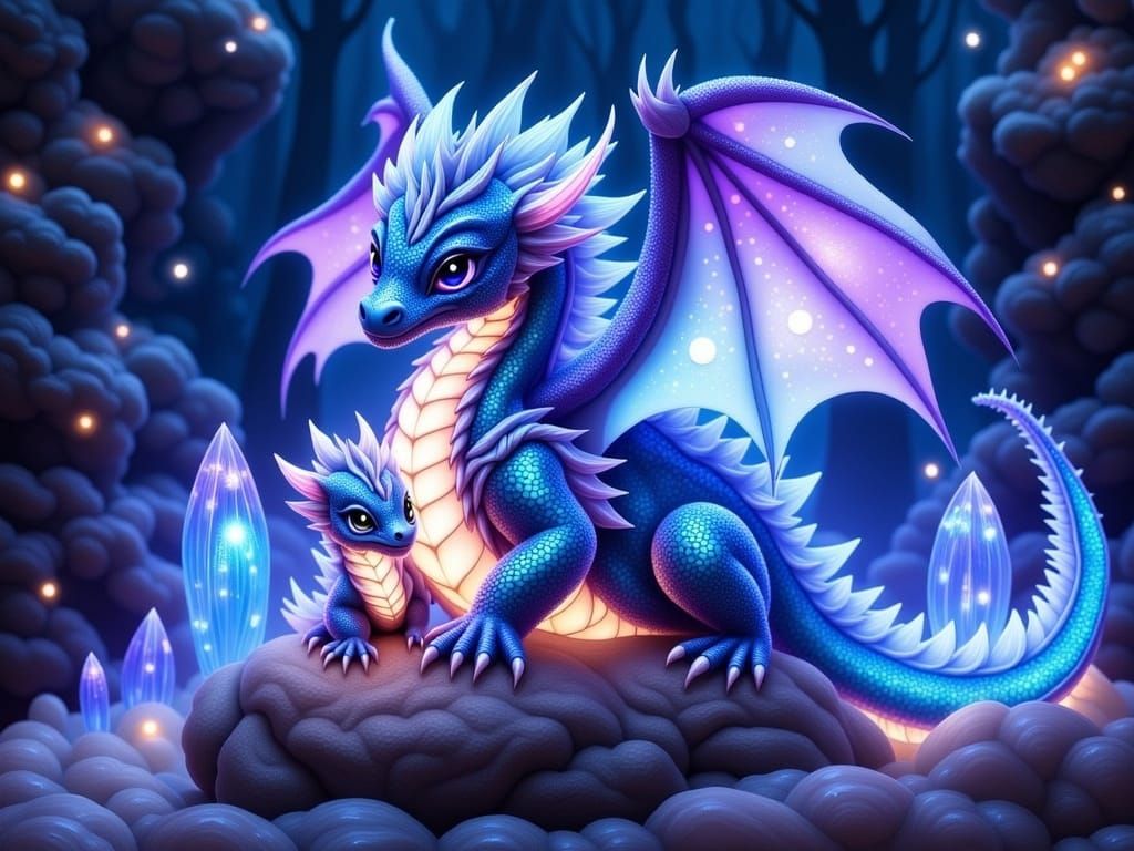 Mother Dragon and Hatchlings in Crystal Cave