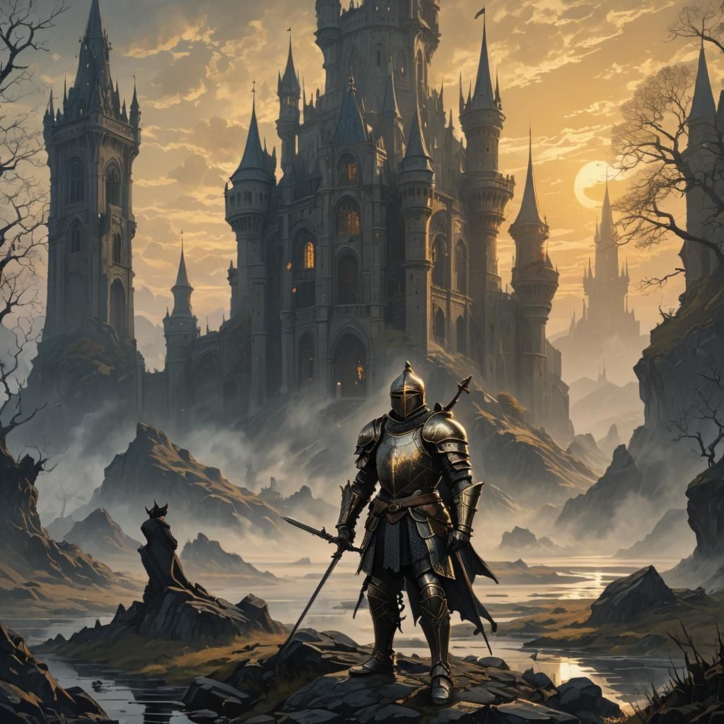 Gothic Knight in Mist: Dark Fantasy Concept Art