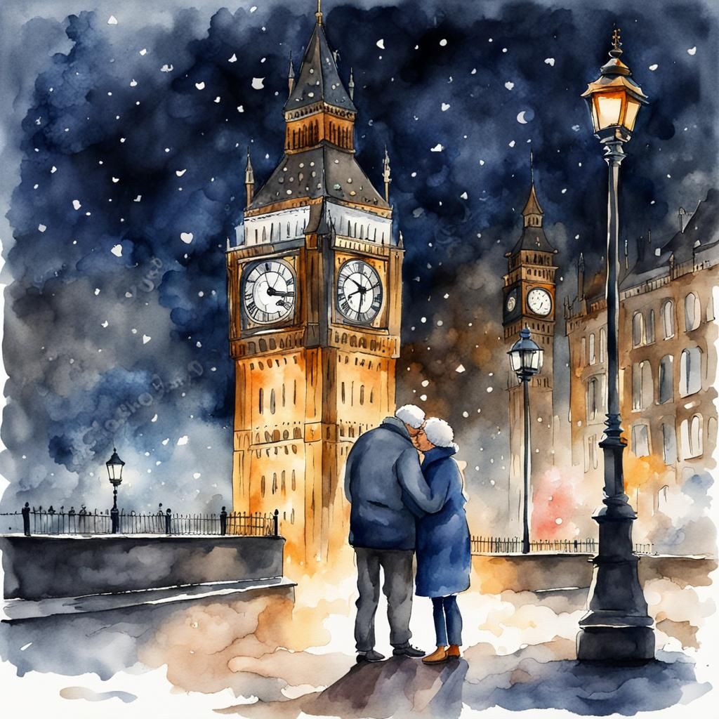 Kissing Couple Celebrate New Year, Watercolor
