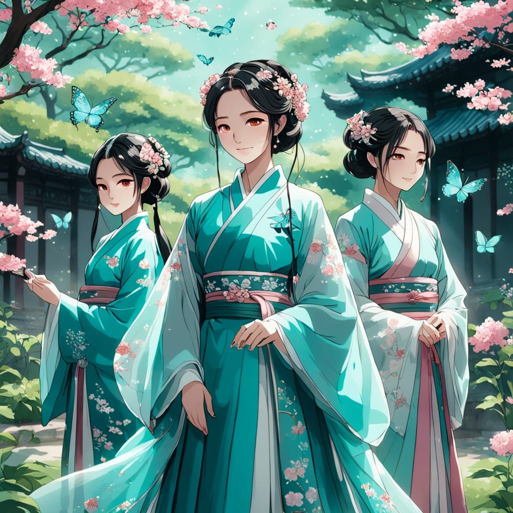 Anime Illustration of Figures in Hanfu in Lush Garden