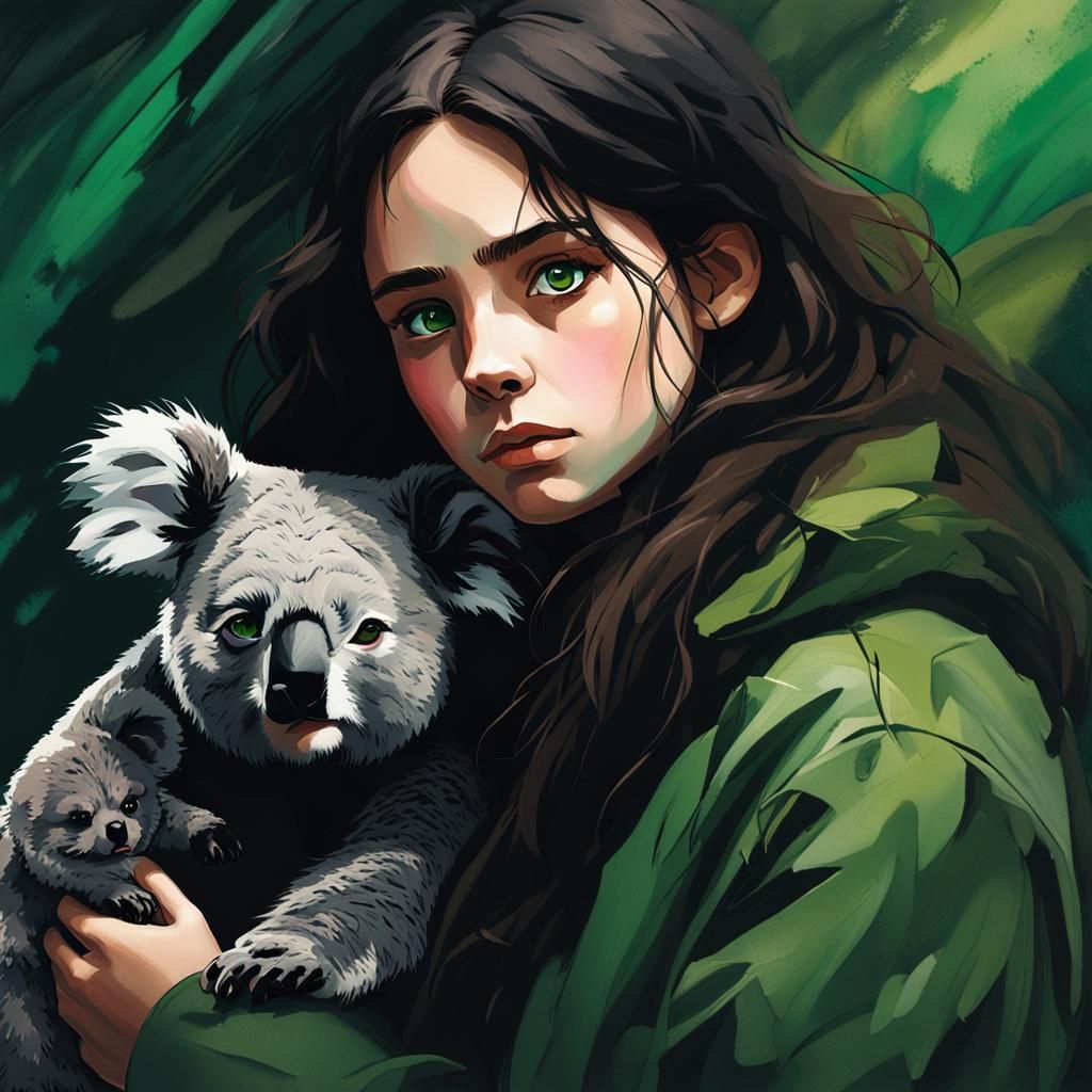 Girl with Koala in Moody Green and Red