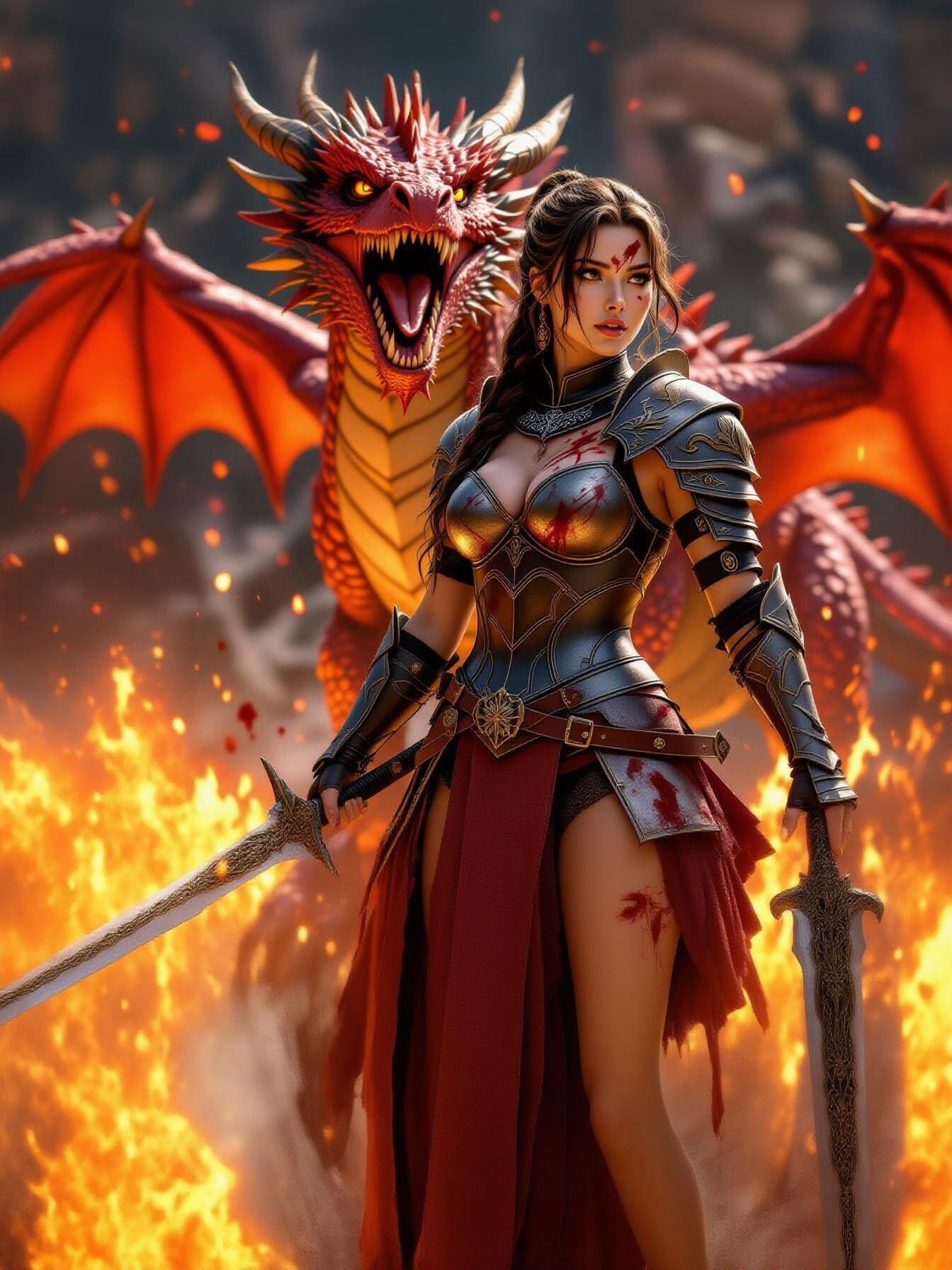 Warrior Woman Slaying Dragon with Claymore