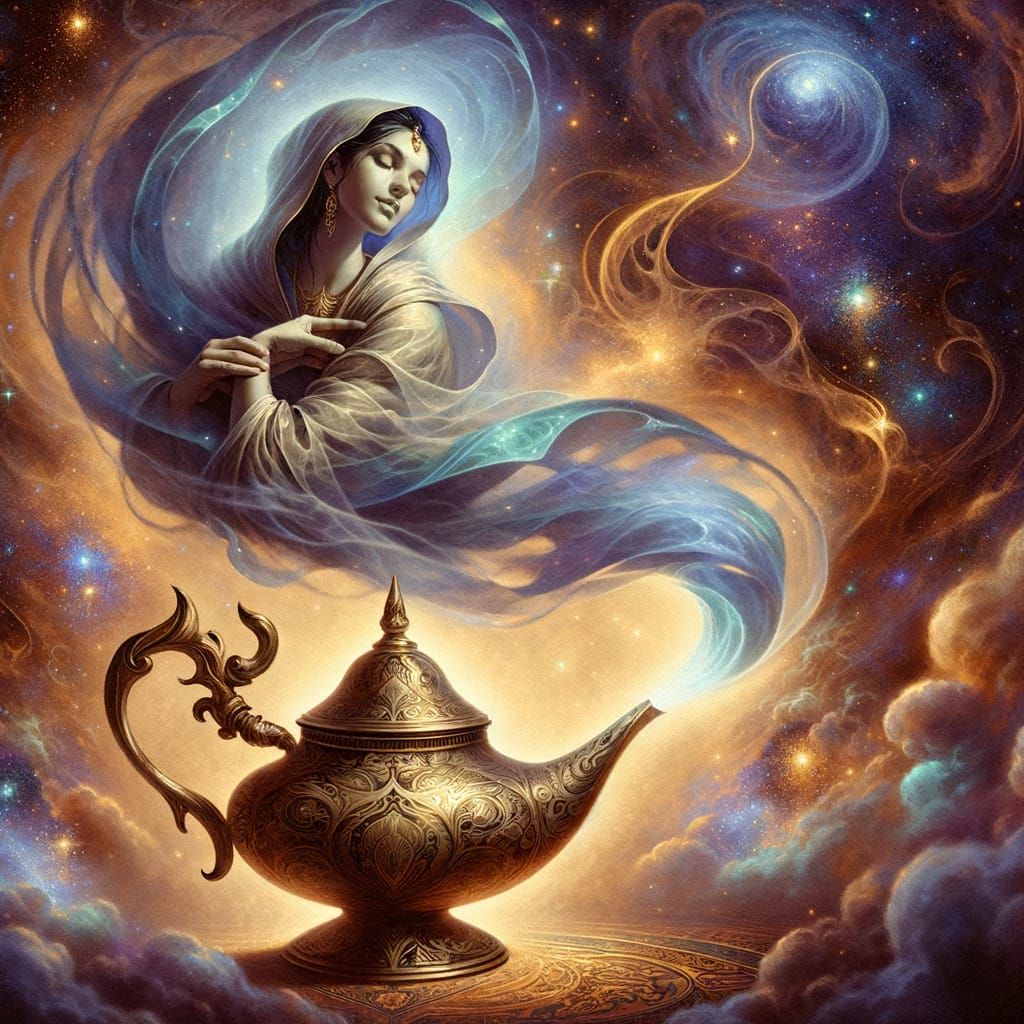 Ethereal Arabian Genie Emerges from Teapot in Pin-Up Style