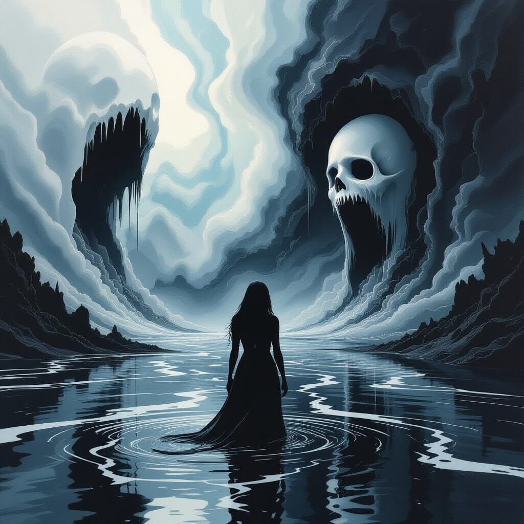 Eerie Landscape with Woman in Surreal Digital Art