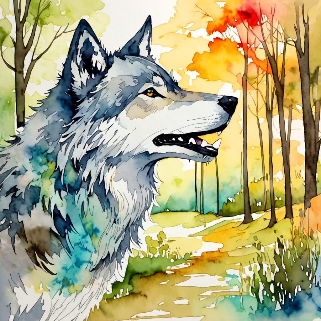 Majestic Wolf in Sylvan Glade Alcohol Ink Illustration