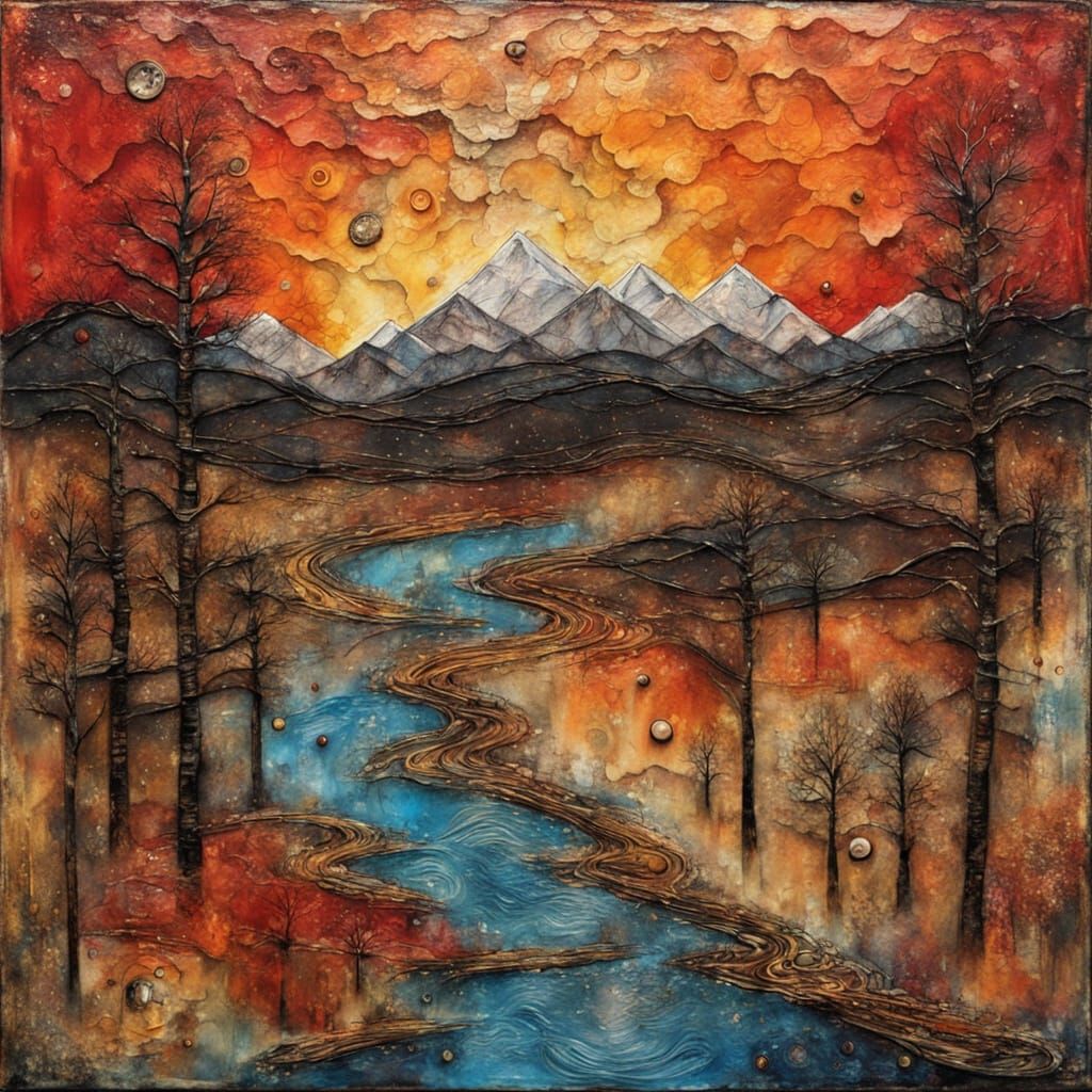 Abstract Folk Art Landscape at Sunset