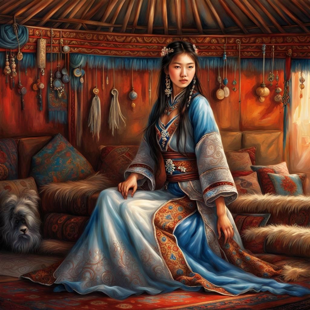 Mongolian young woman wearing an embroidered dress