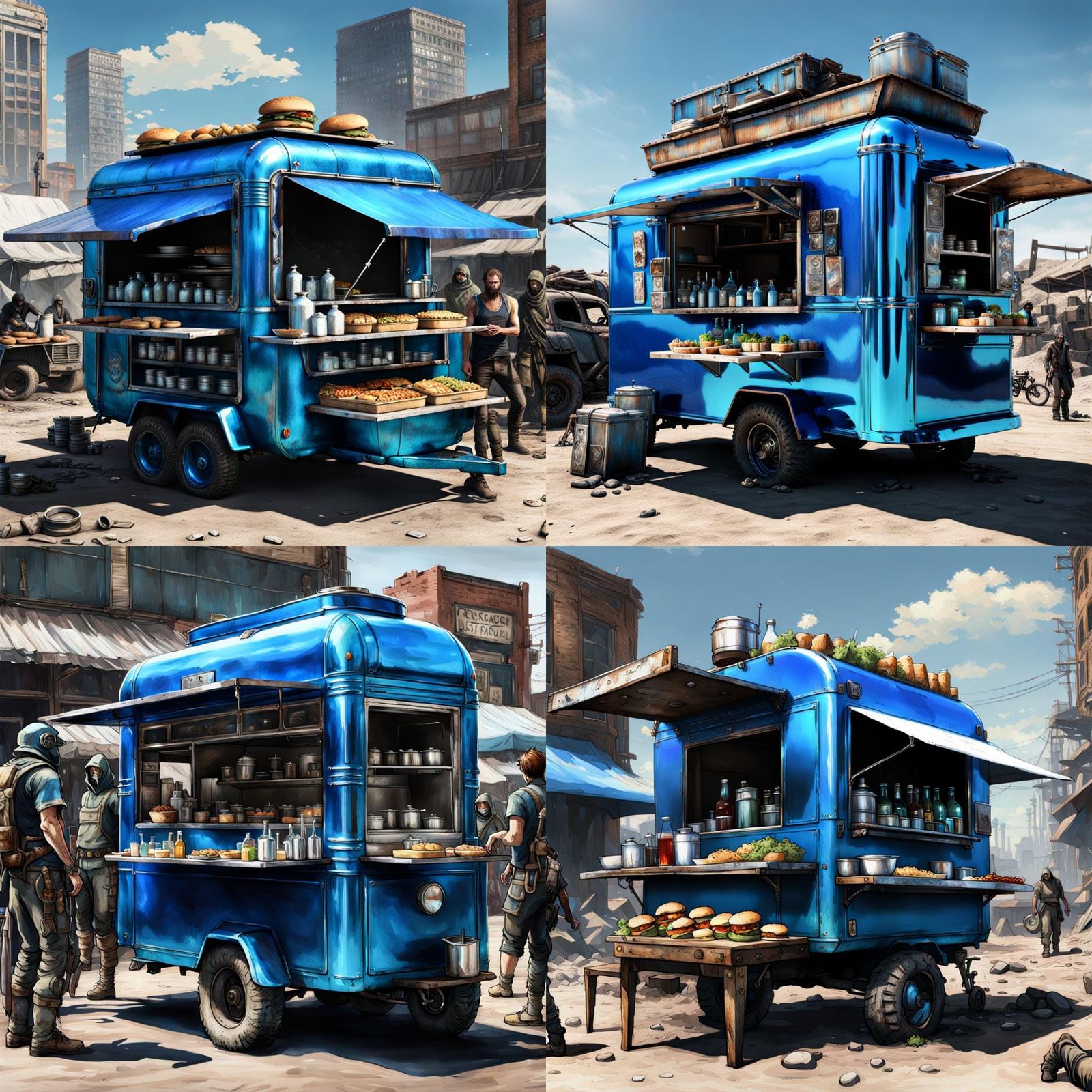 Post-Apocalyptic Blue Chrome Food Truck Scene