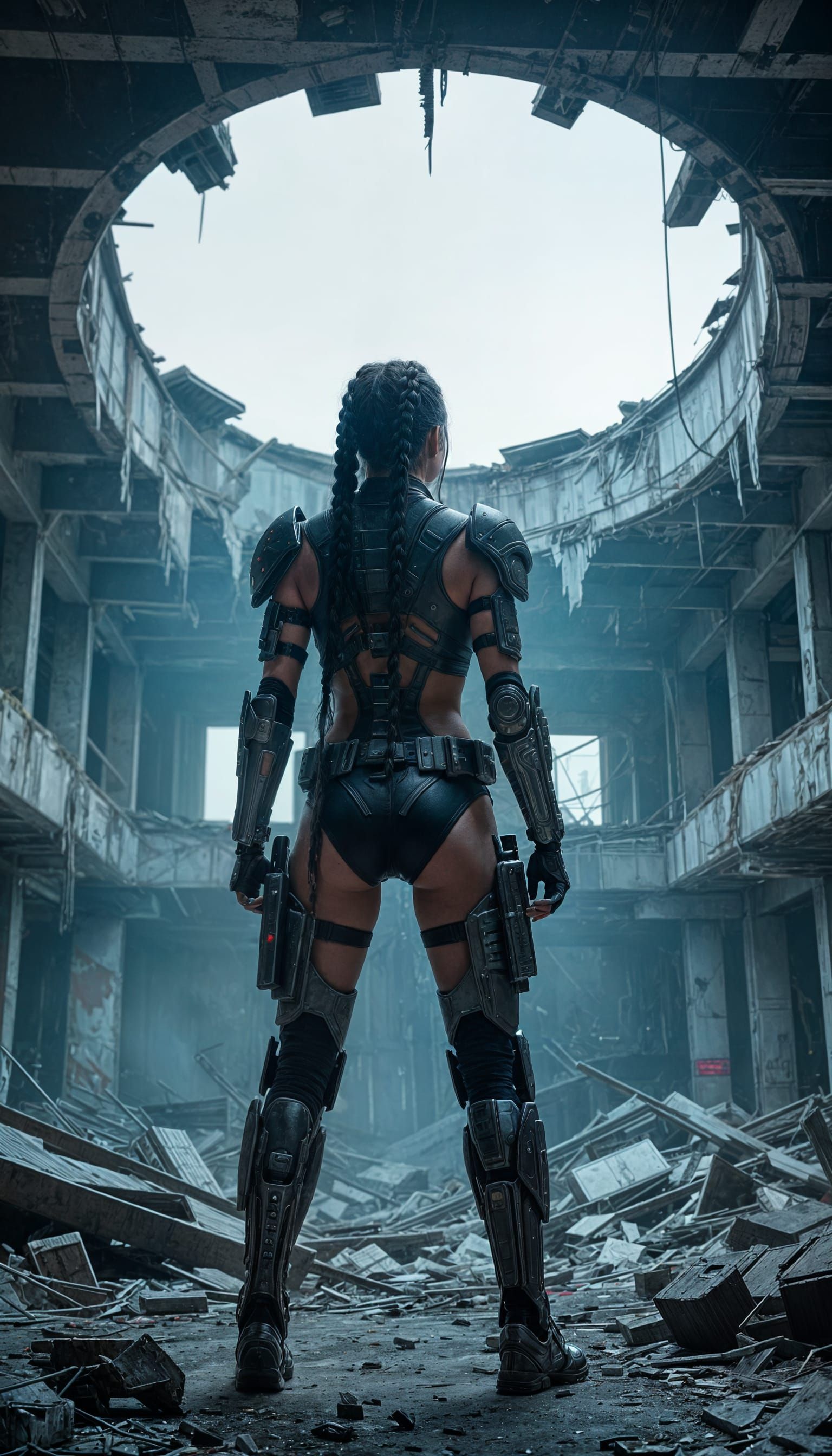 Cyberpunk Warrior in Ruined Cityscape