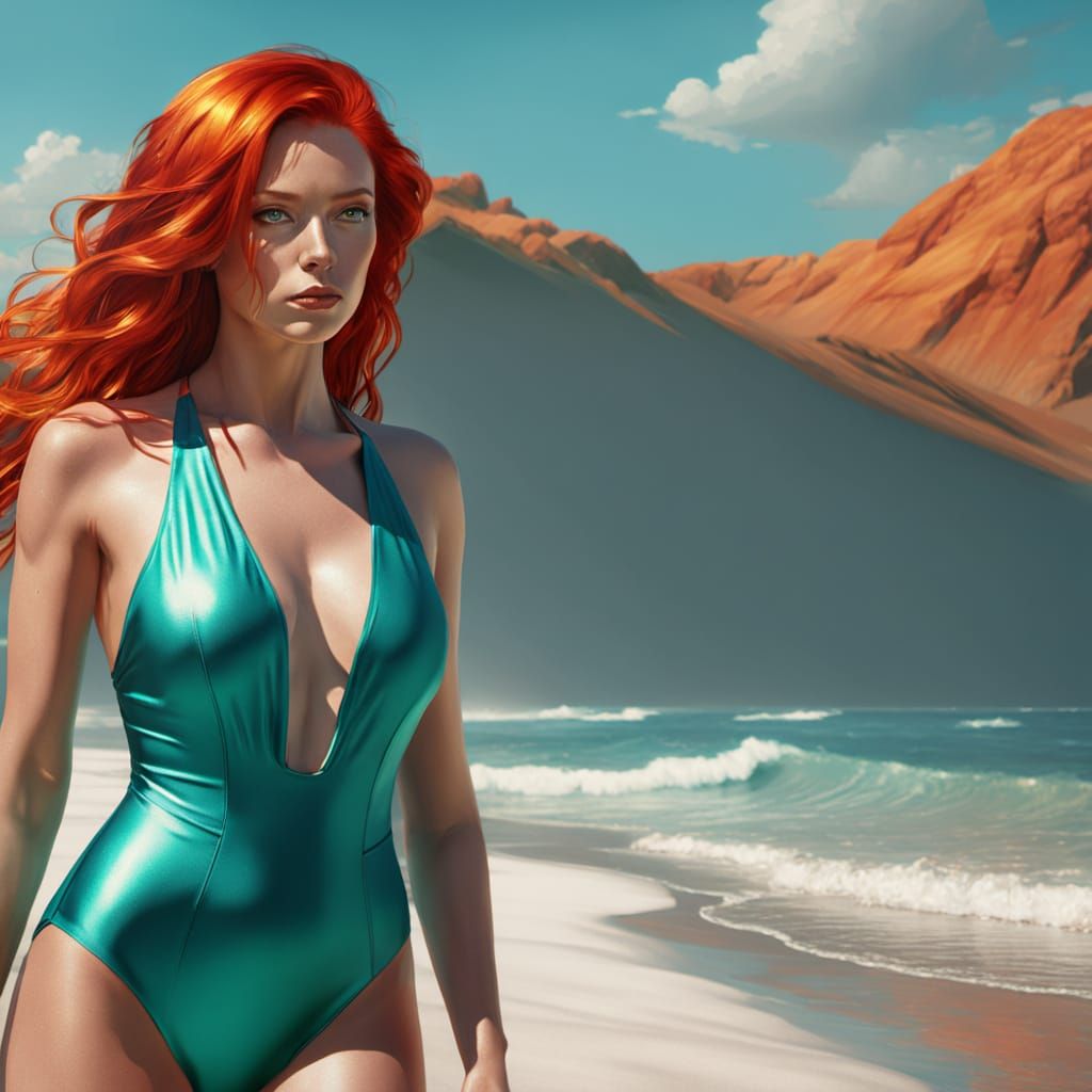 Woman with Red Hair on Silver Sand Beach as Oil Painting