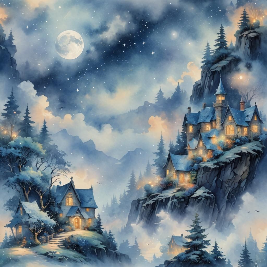 Ethereal Blue Watercolor of Moon and Stars