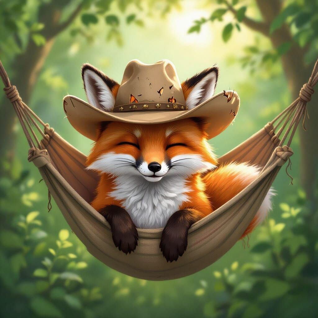 Fox in Hammock with Cowboy Hat as Watercolor