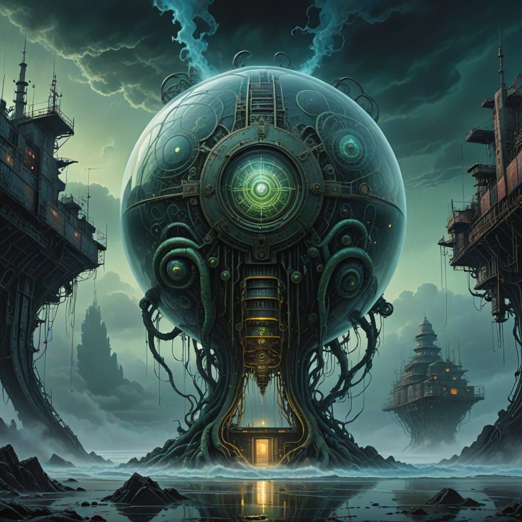 Biomechanical Glass Container in an Otherworldly Portal