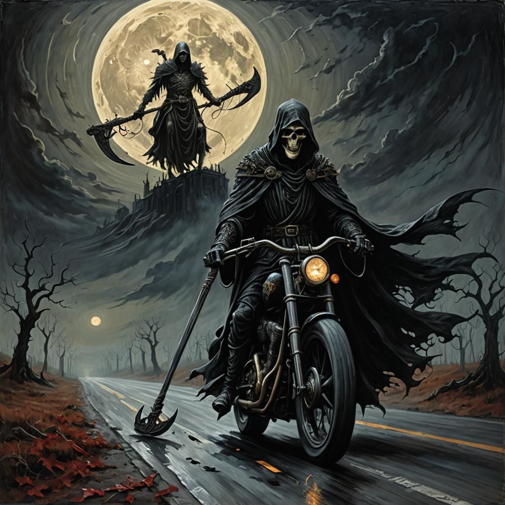 Grim Reaper Rides Harley: Grimdark Oil Painting