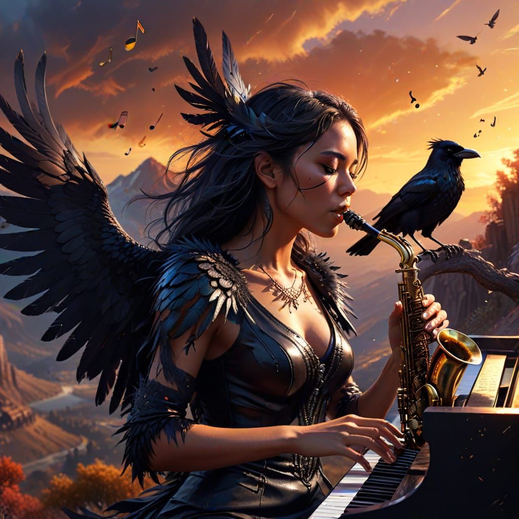 Dark Angel Plays Saxophone at Sunset: Hyperrealistic Art