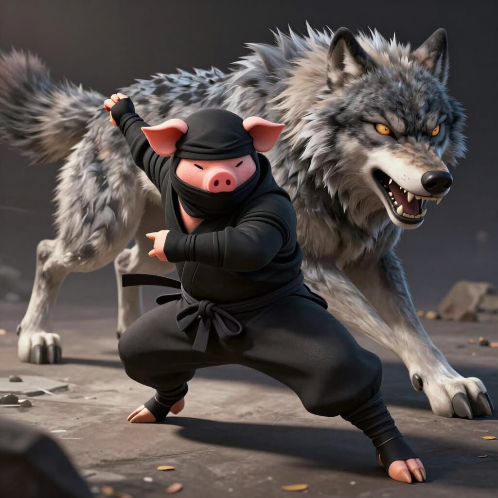 Ninja Pig Defeats Big Bad Wolf in Dynamic Anime Style