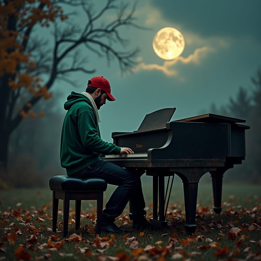 Man Plays Piano in Autumn Landscape at Night