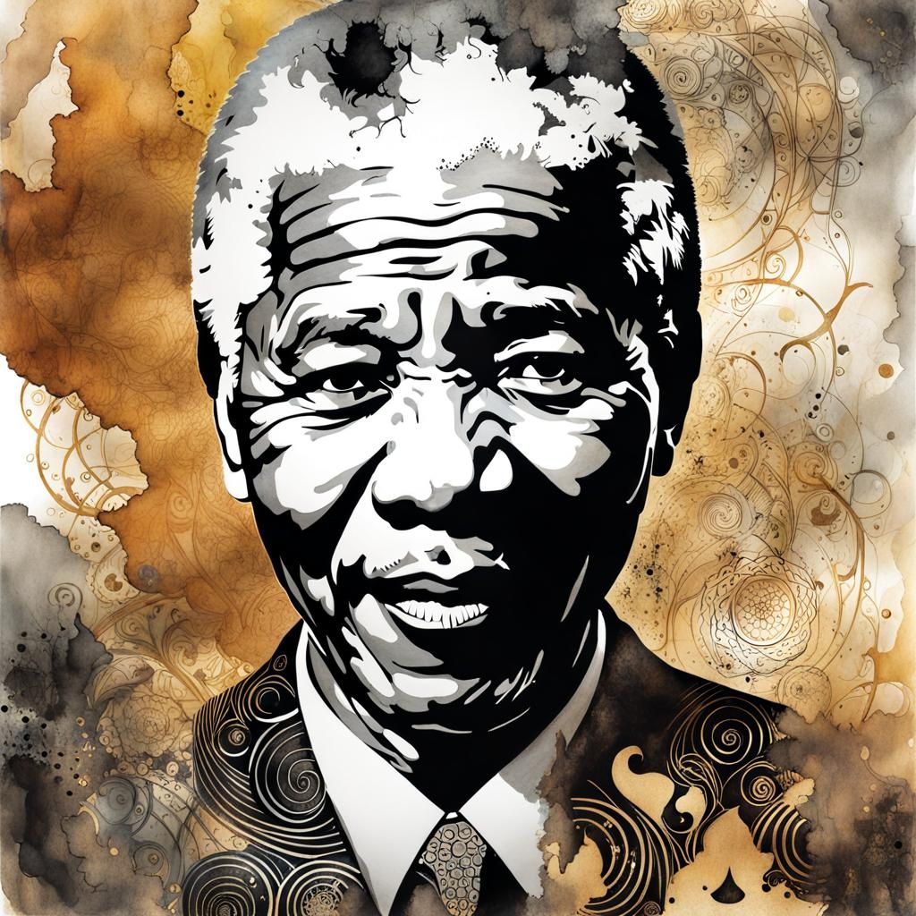 Nelson Mandela Double Exposure: Watercolor Ink Art