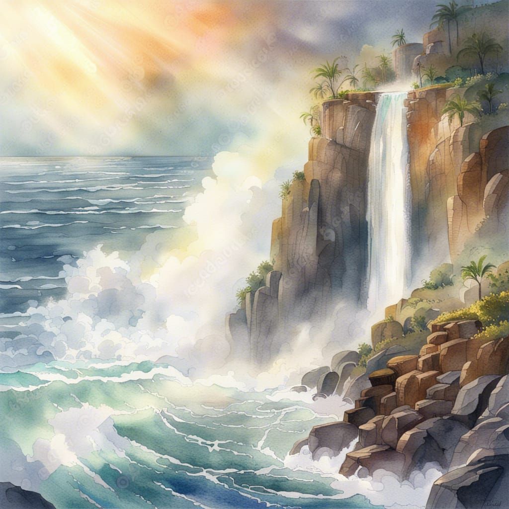 Watercolor Waterfall Cascading into Ocean Waves