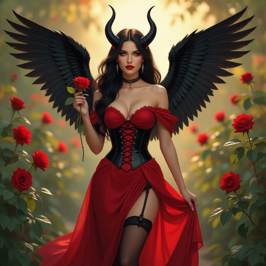 Rose Garden Goddess with Wings in Art Nouveau Style