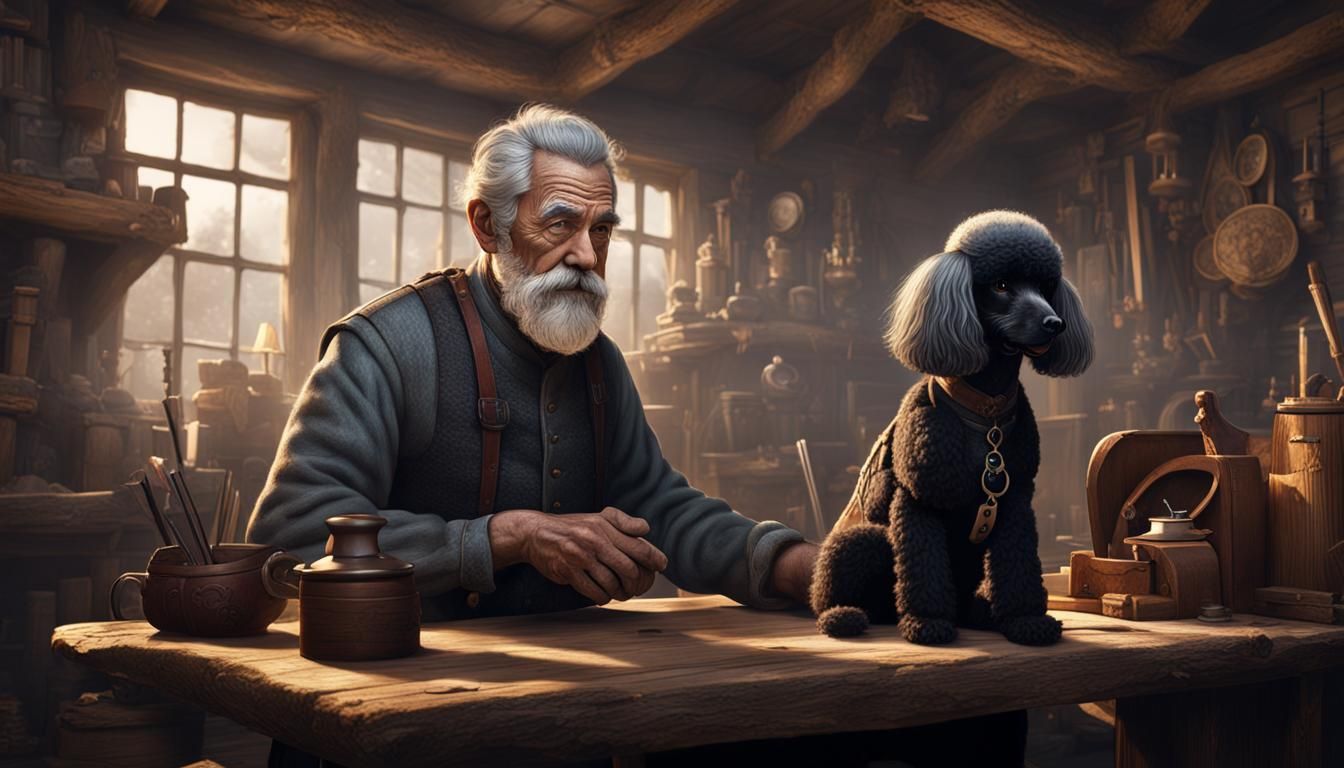 Woodworking Old Man with Poodle in Detailed Painting