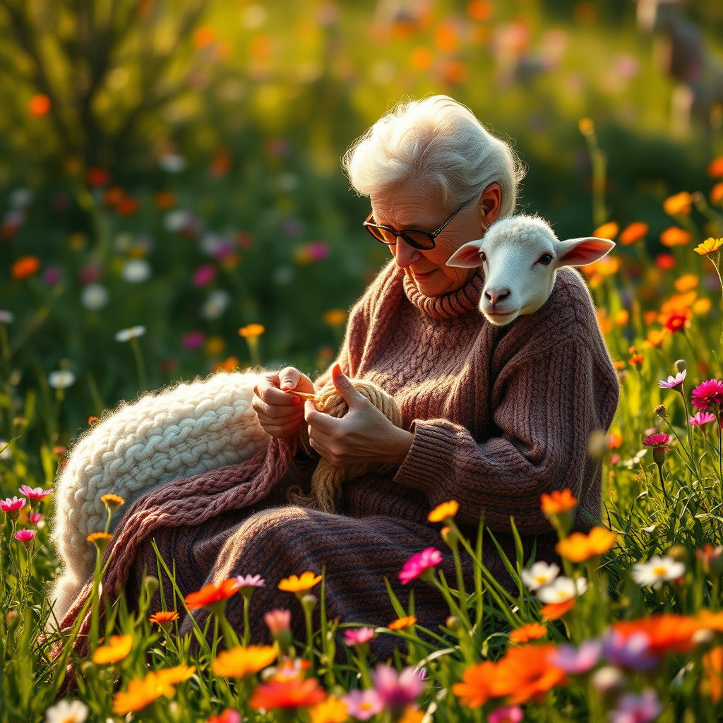 Woman Knits Sweater from Living Sheep in Meadow