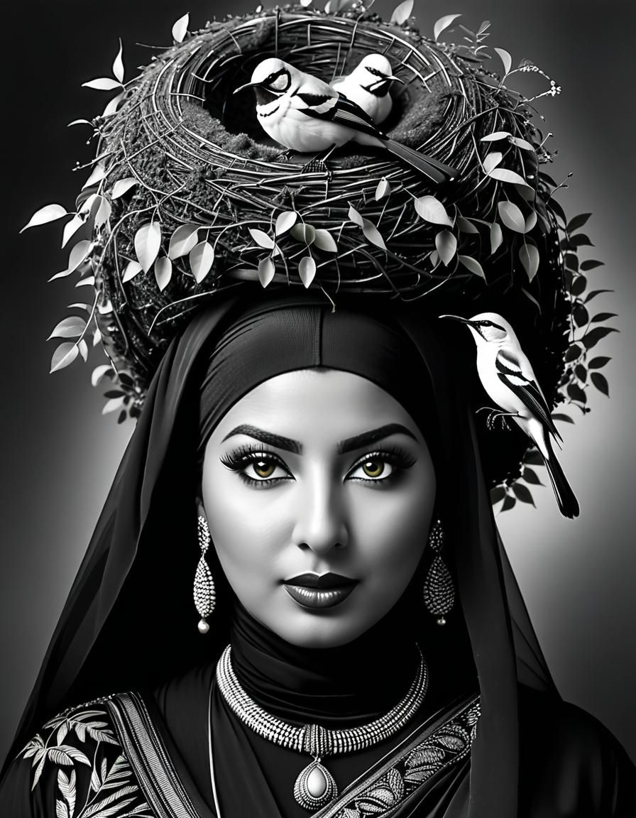عِناية (Inaya) | 🇵🇸 B&W portrait with Palestine sunbird nest (Real Cartoon XL v4)