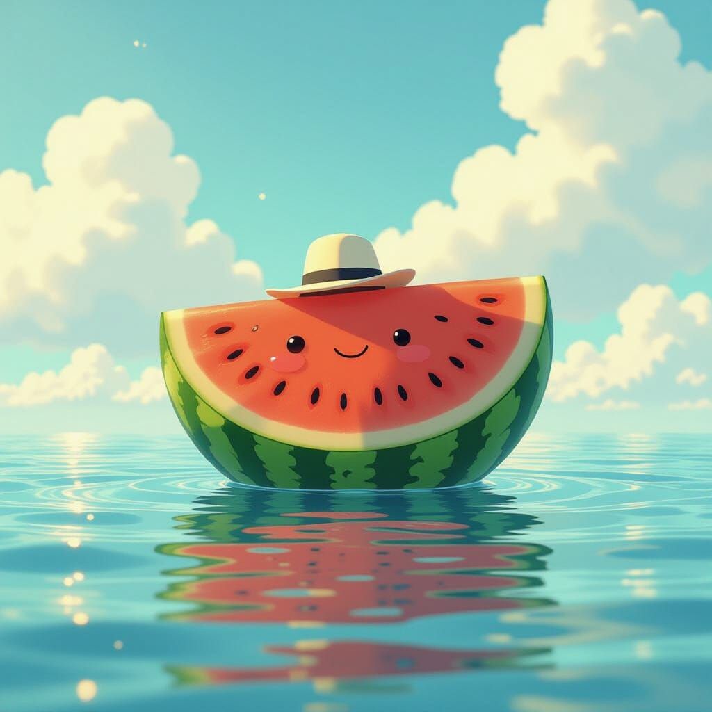 Jovial Watermelon Sailor Floats on Dreamlike Sea