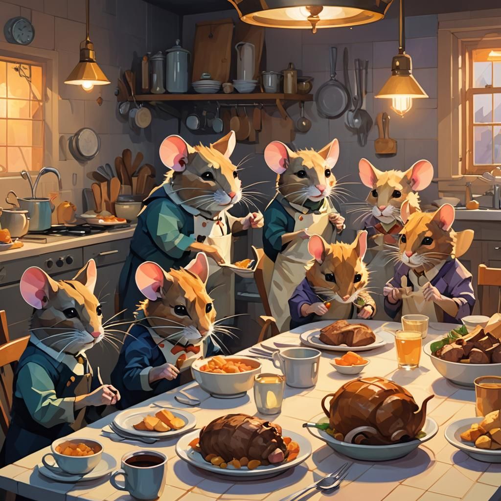 Mice Feast on Roast Cat: Dark Whimsy in Low-Poly