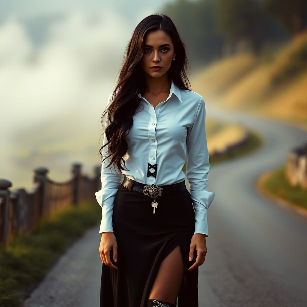 Regal Woman in Whimsical European Countryside