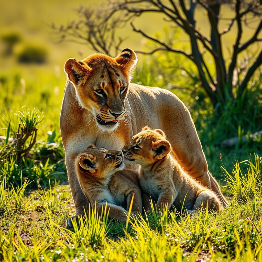 Lioness and Cubs Playing in Sunny Savannah